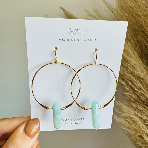 Amazonite Aqua Mint Gold Handmade Boho Gemstone Crystal Hoop Earrings Hoops - Picture 1 of 7